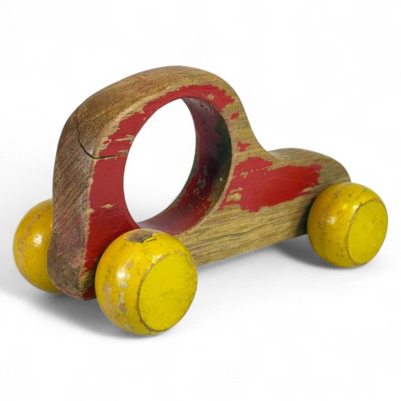 Vintage Handmade Wooden Push Car Red & Yellow Globe Wheels Toddler Toy - Picture 5 of 8